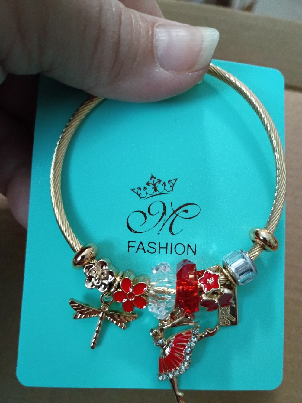 MNM Fashion Gold-Tone Bracelet with Red Flower & Crystal Charms